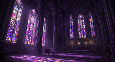 Interior of dark gothic cathedral with stained glass windows casting colorful light and creating dramatic atmosphere.