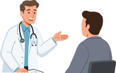 Male doctor consulting male patient, medical advice session, healthcare professional with stethoscope, patient discussion, clinical consultation, health care interaction, smiling doctor