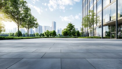 Fototapeta premium Modern Architecture with Paved Plaza, City Skyline, Glass Building & Greenery