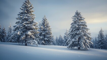 Fototapeta premium Snowy forest with pine trees in winter landscape