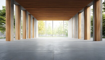 Modern architecture with wooden ceiling, concrete columns and outdoor garden view