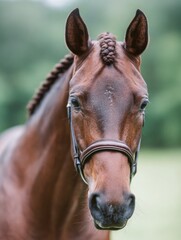 Obraz premium Portrait of a Beautiful Brown Horse With a Braided Mane Standing in a Green Pasture, Wearing a Bridle
