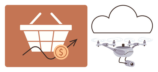 Shopping basket with growth arrow and coin, cloud computing, quadcopter delivery service. Ideal for retail, trends, innovation, analytics, data, logistics technology simple flat metaphor