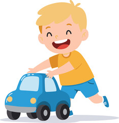 Smiling blonde boy playing with blue toy car, happy child in casual clothes, indoor activity, fun, energetic, joyful, playtime