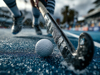 a close-up of a field hockey player's cleat, which is in contact with a ball on a wet field. The player is wearing dark socks and cleats, and the scene is captured with water splashing around