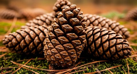 Close-up view of several pine cones nestled in a bed of moss and fallen needles, showcasing their intricate scale patterns and warm brown tones.