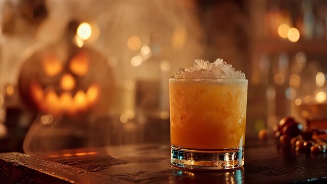 Halloween Welcome Drinks, Spooky Orange Cocktail in Glass Refreshing Drink for Halloween Celebrations with Chilling Ambiance