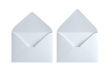 Two blank, white envelopes, open, side-by-side