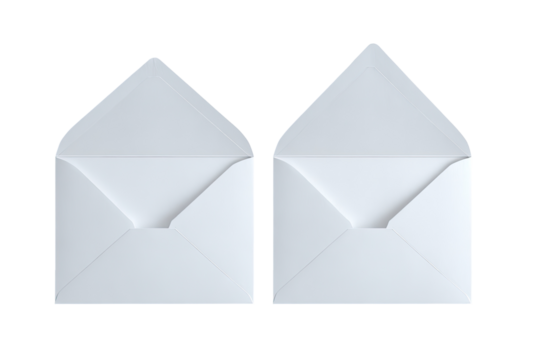Two blank, white envelopes, open, side-by-side