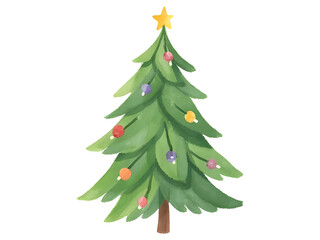 Christmas Tree with Star and Ornaments on Transparent Background
