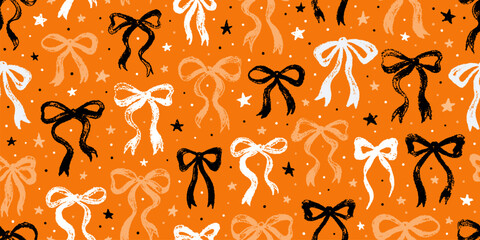 Pattern with bows. Halloween bow seamless print. Cute ribbon coquette vector. Black orange crayon Halloween background. Fall girly bg design. Hand drawn brush texture. Spooky kid wrapping paper