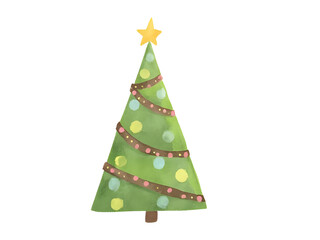Christmas Tree with Star and Ornaments on Transparent Background
