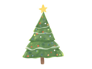 Christmas Tree with Star and Ornaments on Transparent Background
