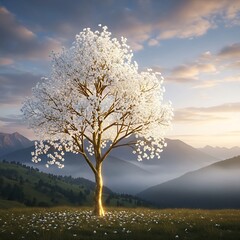 A breathtaking, golden-lit tree with ethereal white blossoms stands proudly atop a serene hillside landscape at dawn.