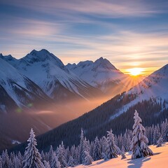 Majestic snow-capped mountains at sunrise, showcasing a breathtaking winter landscape with sunbeams piercing through the clouds.