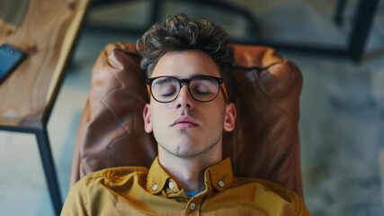 Young man with glasses sleeping comfortably on a modern chair.