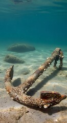 An aged anchor, encrusted with marine life, rests on the sandy sea floor beneath the clear turquoise water.