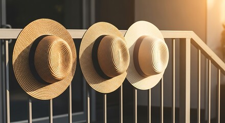 Three straw hats of varying tones hang on a metal railing outdoors, bathed in warm sunlight.