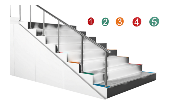 White staircase with metal railing and colored step indicators against a black background