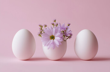 Photo of three white eggs and one egg with flowers inside on a pastel pink background,
