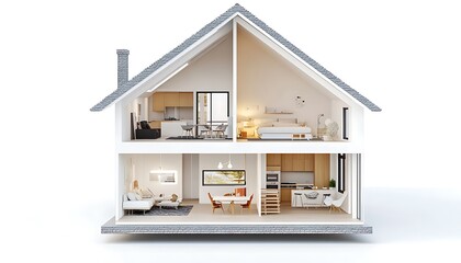Modern TwoStory House Interior, Open Floor Plan Design with White Background Style