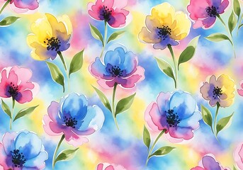 A cheerful, vibrant pattern features large, colorful flowers in shades of pink, blue, yellow, and purple, rendered in a painterly watercolor style against a soft, rainbow-like backdrop.