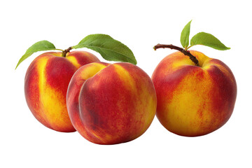 Three ripe peaches, vibrant colors, and fresh green leaves