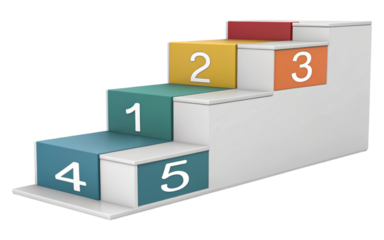 A colorful staircase with steps numbered one through five against a black background in a studio shot