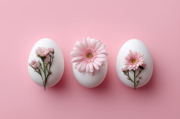 Photo of three white eggs and one egg with flowers inside on a pastel pink background,