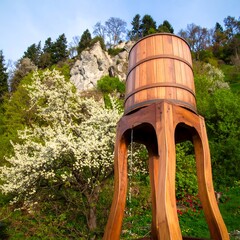 Wooden water tank on stand in a garden setting