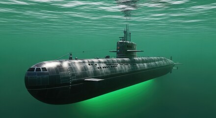 Submarine Navigates Through Deep Green Ocean Waters