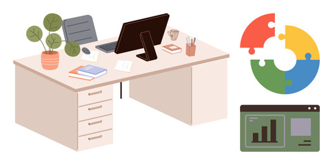 Organized office desk setup with computer, notebooks, stationery, potted plant, colorful puzzle diagram, and bar graph visualization. Ideal for productivity, analysis, teamwork planning strategy
