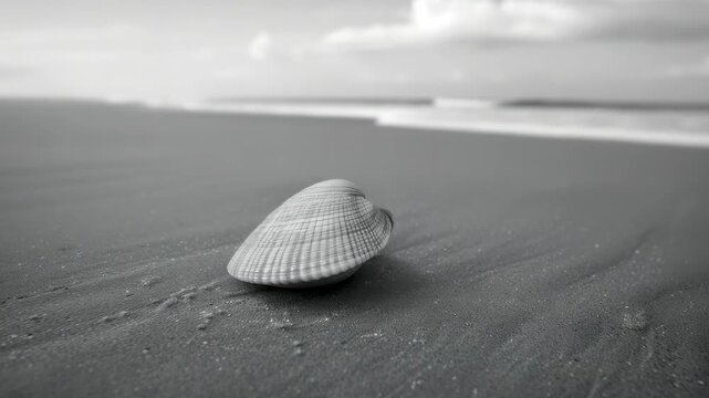Lonely seashell on a sandy beach, evoking themes of solitude, nature's beauty, and the tranquility of the coast.