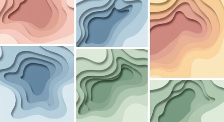 Abstract layered paper cutouts with soft gradient color palettes and organic shapes