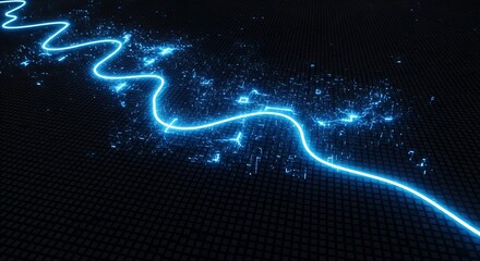 A luminous, glowing blue neon line snakes across a dark, city-like landscape, illuminated by digital sparks.
