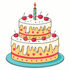 Two Tier Birthday Cake with Candle and Cherries – Vector Illustration