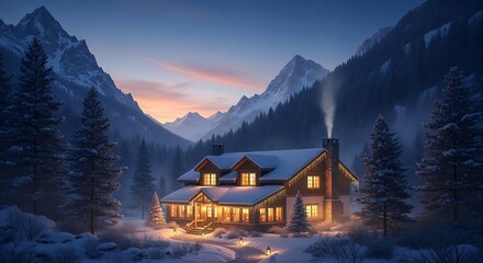 A cozy winter chalet nestled amongst snow-capped mountains glows warmly at twilight.