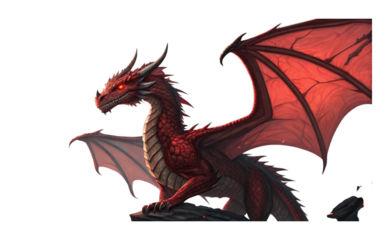 A red dragon with glowing eyes is perched on a rock with wings partially spread against black background