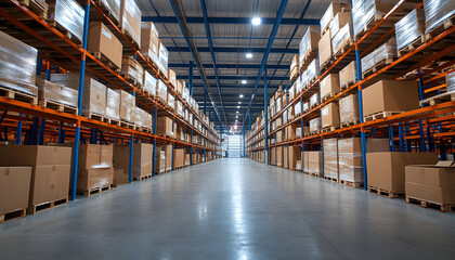 Expansive warehouse interior filled with tall shelves stacked high with various goods. Cardboard boxes, wooden crates organized on pallets, indicating large-scale storage, distribution facility