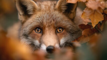 Close-up of red fox face with amber eyes and autumn leaves