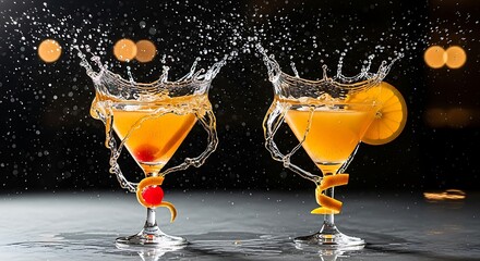 Two vibrant cocktails with splashes of water, garnished with orange peel and cherries, are presented against a dark backdrop.