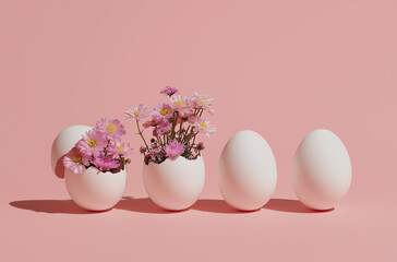 Photo of three white eggs and one egg with flowers inside on a pastel pink background,