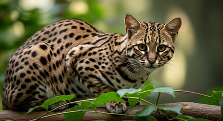 A spotted wildcat rests alertly on a branch amidst lush greenery, showcasing its captivating patterns and focused gaze.