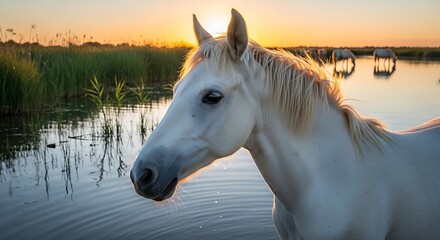White horse standing in water at sunset, beautiful scenery.