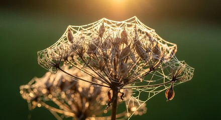 Delicate spiderweb draped across a dried plant, illuminated by the golden light of dawn or dusk.