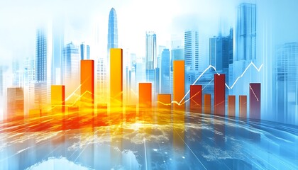 Orange Bar Graph with White Line over Cityscape on Blue Surface. Abstract Financial Data