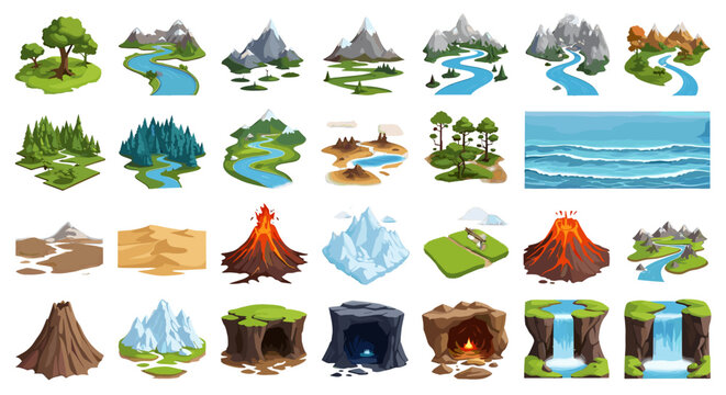 Isometric game landscape elements featuring mountains rivers trees volcanoes and various terrain types on transparent background
