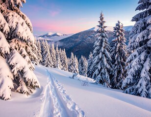 Snowy mountain path at dawn
