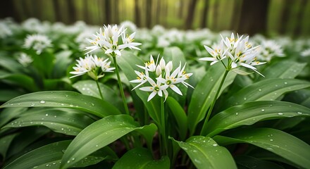 Wild Garlic Blossoms in Lush Greenery - A Detailed Botanical Study.