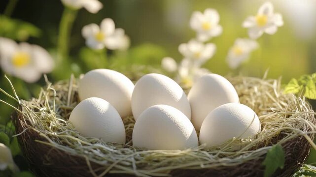 A bunch of fresh, unbroken eggs nestled in a straw basket with flower blooms in the background.